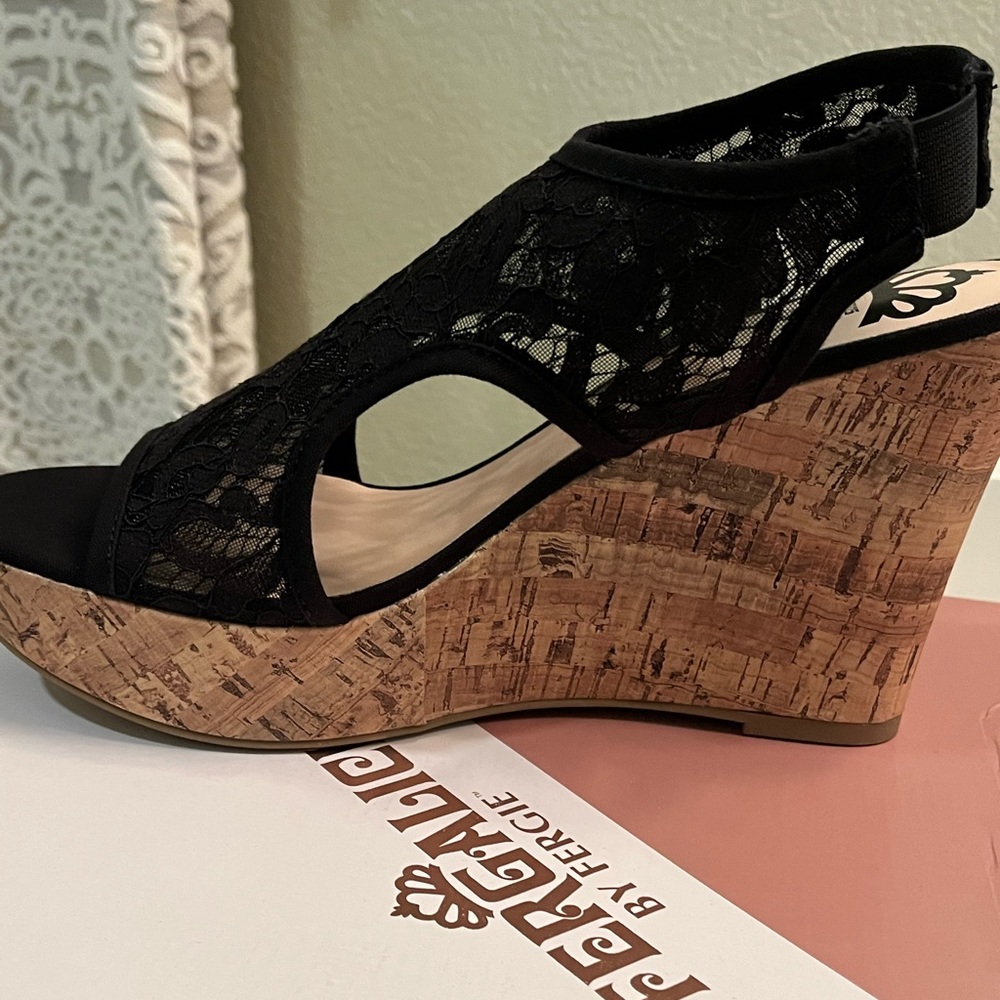 Black Fergalicious lace cork Wedges 9.5. never worn.